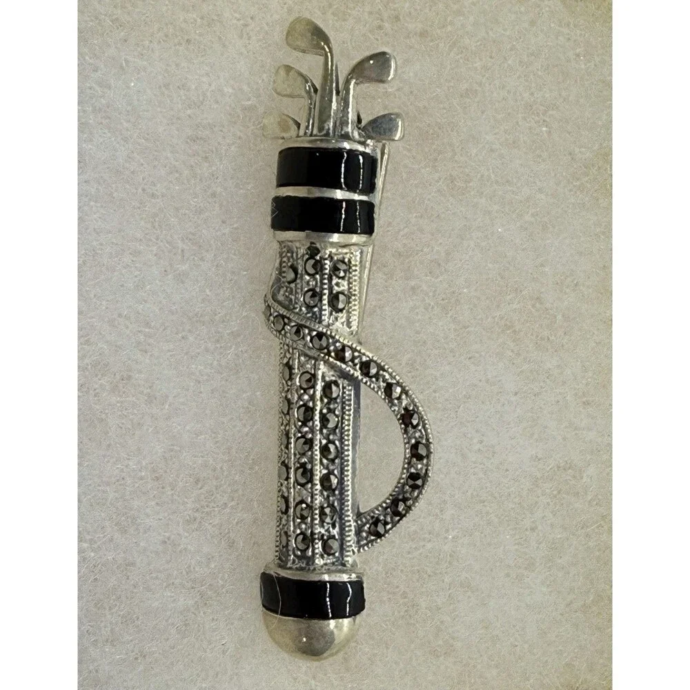 Sterling Silver‎ Marcasite And Black Enamel Golf Bag Brooch Rare Signed 925 KE